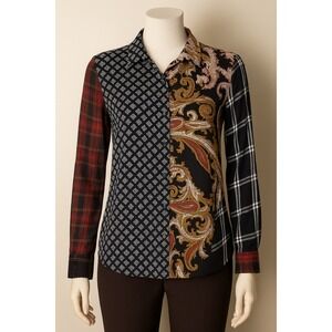 Hannah Mixed Print Patchwork Button Front Blouse Women M Boho Paisley Plaid Y2K